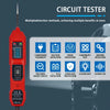 A red portable car circuit tester device with an LED display and various testing features shown against a dark background.