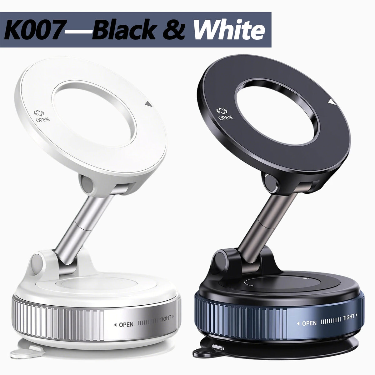 A black and white 360 degree magnetic phone holder with a white and black base and adjustable arm.
