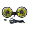 A black car cooling fan with a yellow blade, featuring a 360° adjustable design.