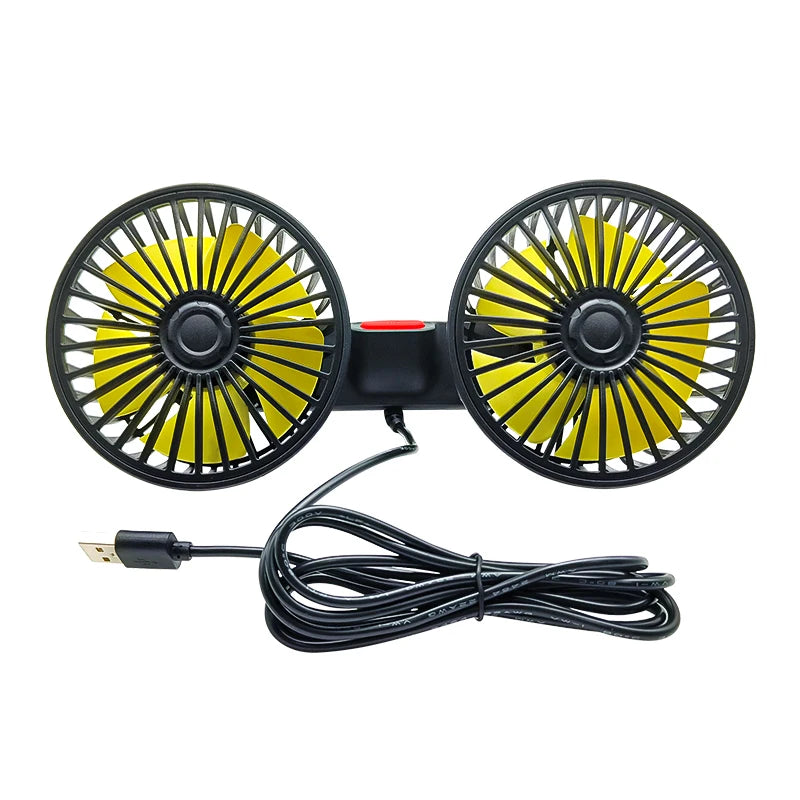 A black car cooling fan with a yellow blade, featuring a 360° adjustable design.