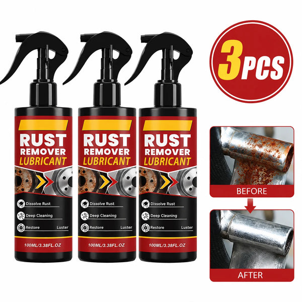 Three bottles of Rust Remover Lubricant spray cleaner showing before and after rust removal on metal surfaces