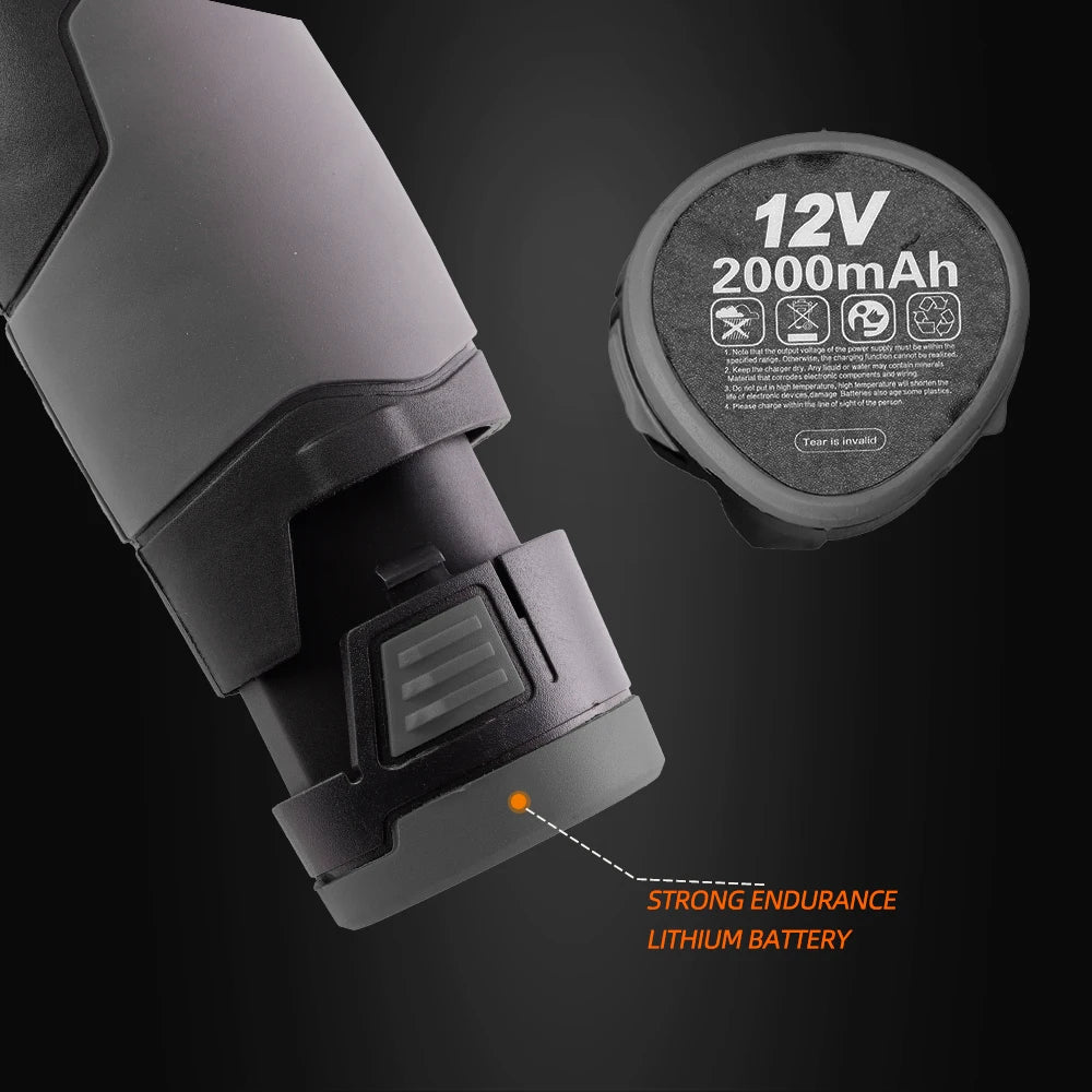 A black cordless mini car detail polisher with a 12V 2000mAh lithium battery.