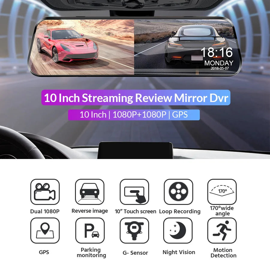 Miroir d'écran DVR de 10 pouces avec GPS, image inverse et vision nocturne dans l'habitacle d'une voiture