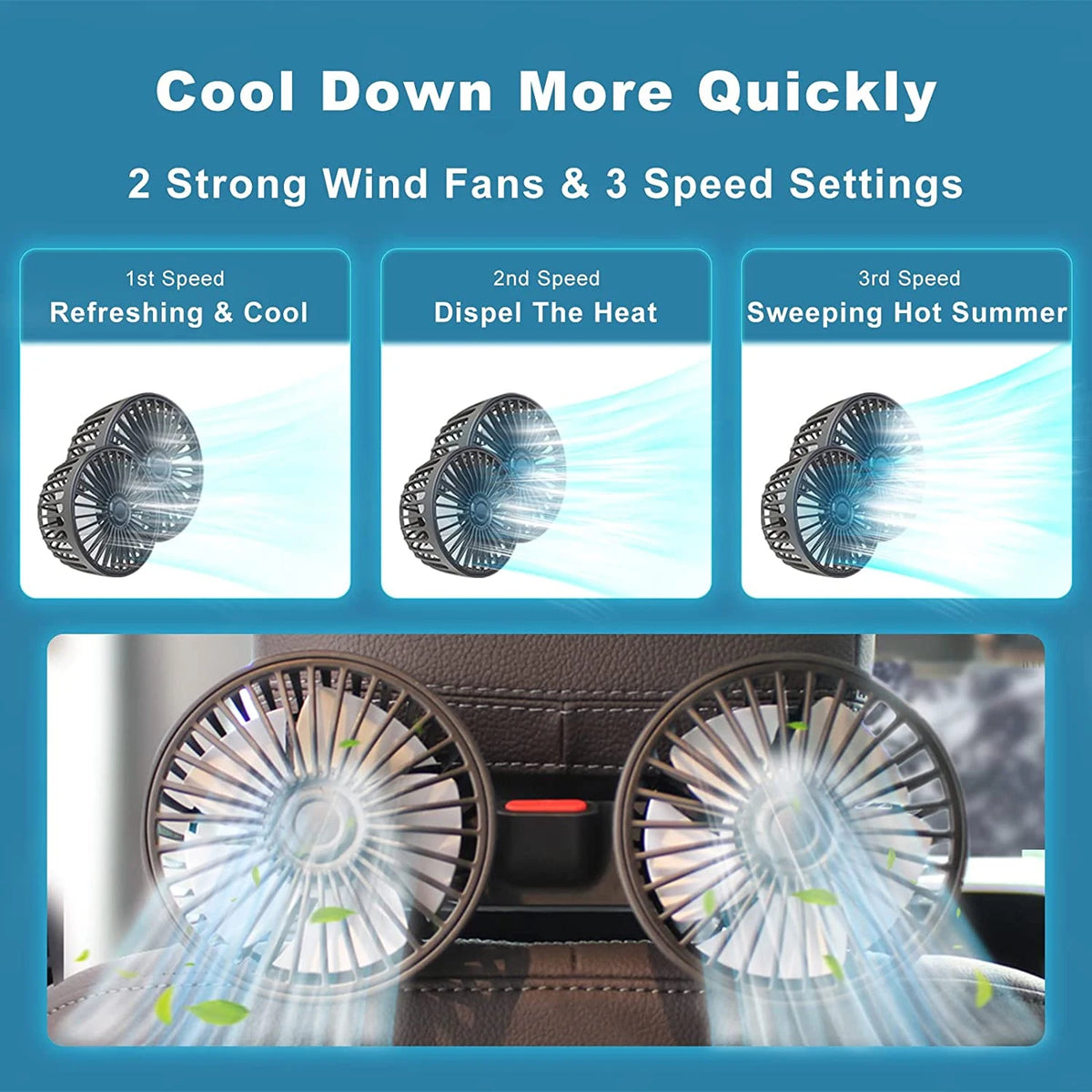 Close-up view of two strong wind fans in a car interior, demonstrating different speed settings for cooling.