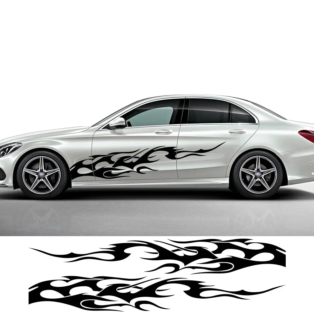 Silver sedan featuring black flame racing stripe vinyl decals on the side and a separate graphic of flames.