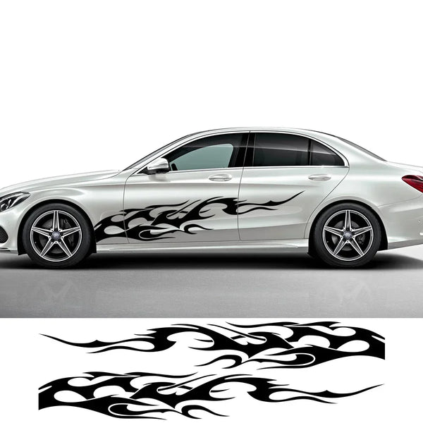 Silver sedan featuring black flame racing stripe vinyl decals on the side and a separate graphic of flames.