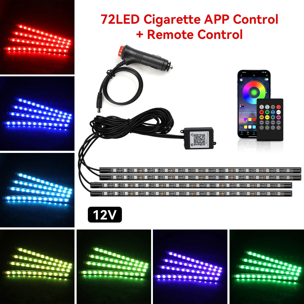 A kit of 72 LED cigarette app control lights with a remote control and power supply for ambient lighting.