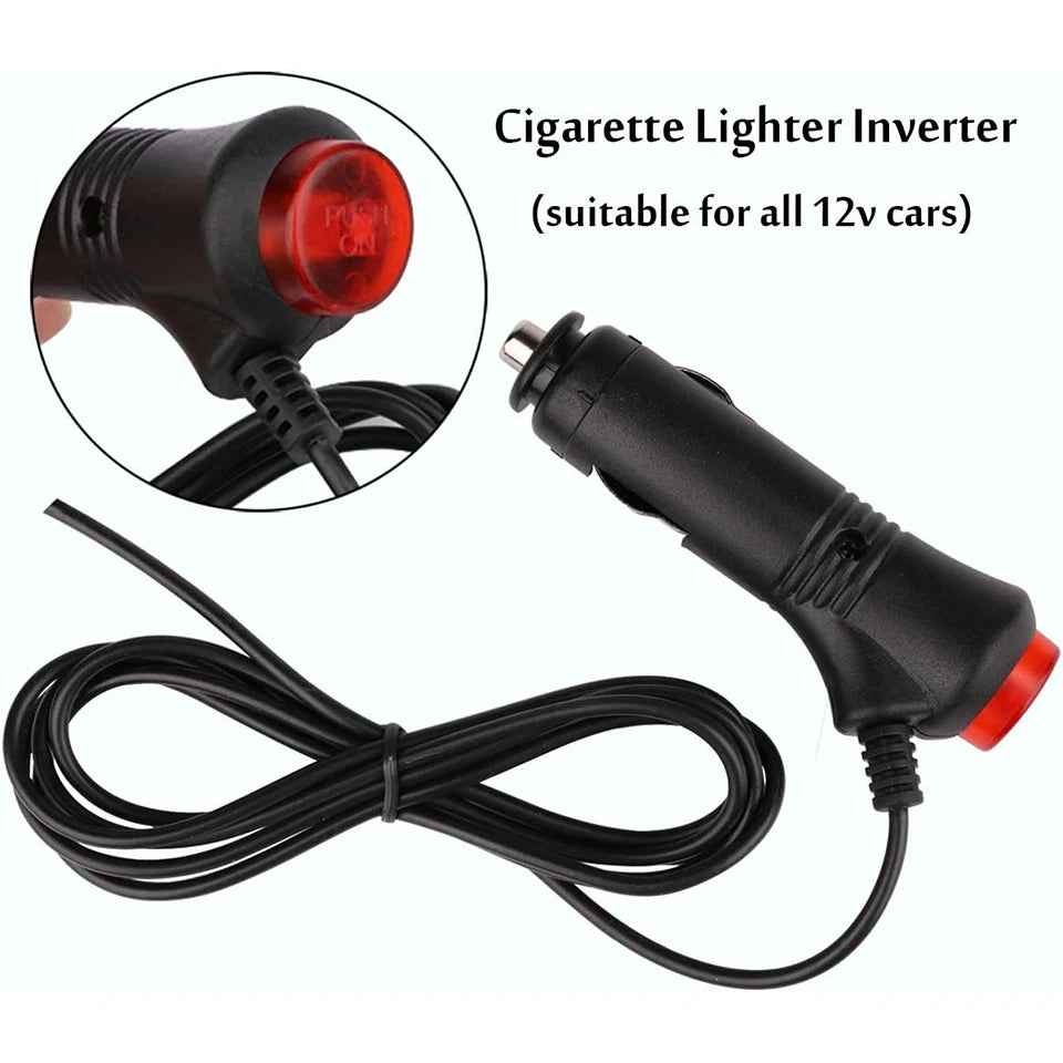 A black cigarette lighter inverter with a red light, suitable for all 12v cars.