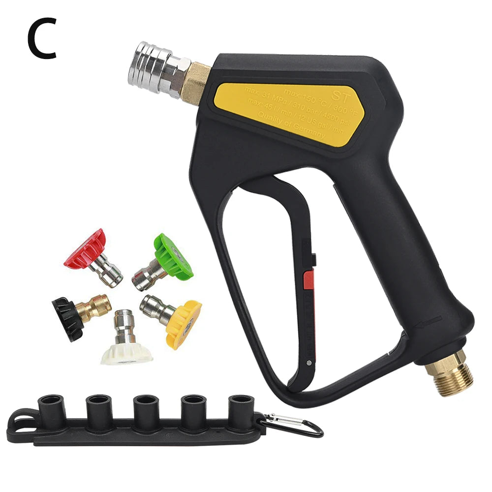 A black high-pressure short trigger spray gun with a yellow grip and various connectors shown.