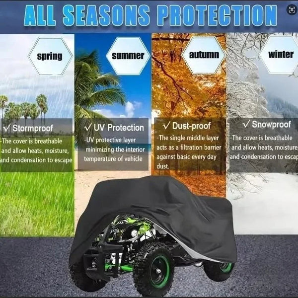 A black protective cover is shown over a green and black ATV or quad bike.