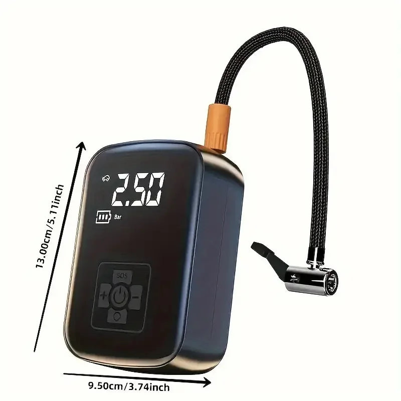 Inflador eléctrico portátil con cuerpo negro y manguera flexible negra, sobre fondo blanco.