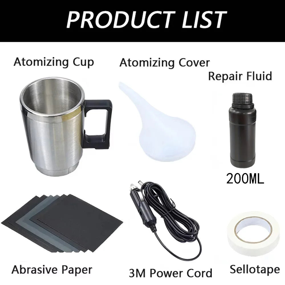 A list of car headlight restoration products including an atomizing cup, cover, repair fluid, abrasive paper, and a 3M power 