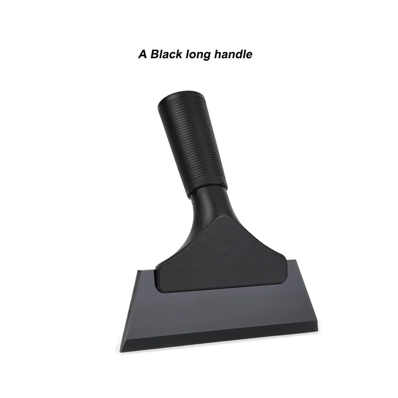 A black long handle squeegee used for window and surface cleaning.
