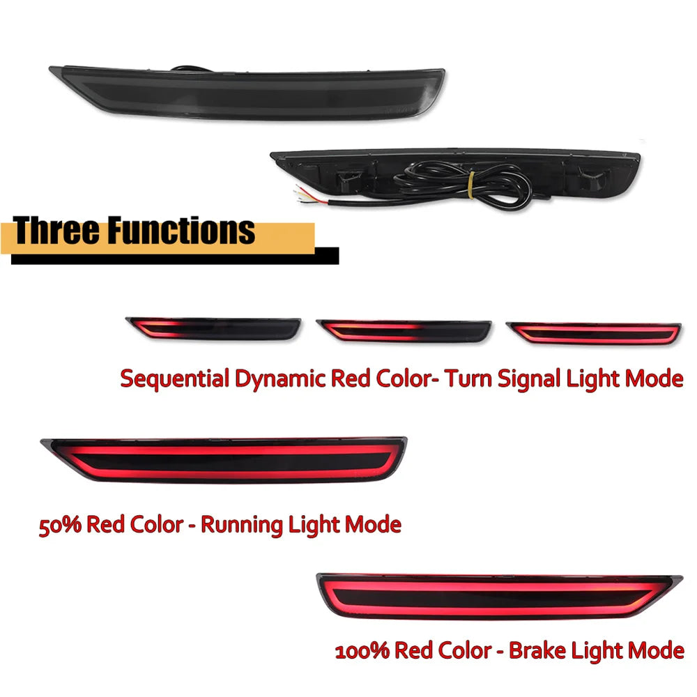 Three functions of LED rear bumper reflector lights including turn signal and brake light modes