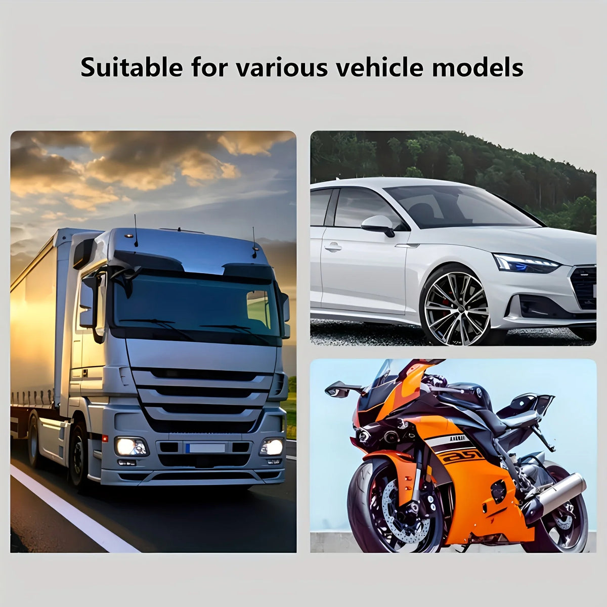A portable fuel and water transfer pump kit is shown alongside a truck and a motorcycle.