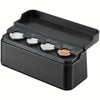 A black universal coin storage box with four slots for holding coins.