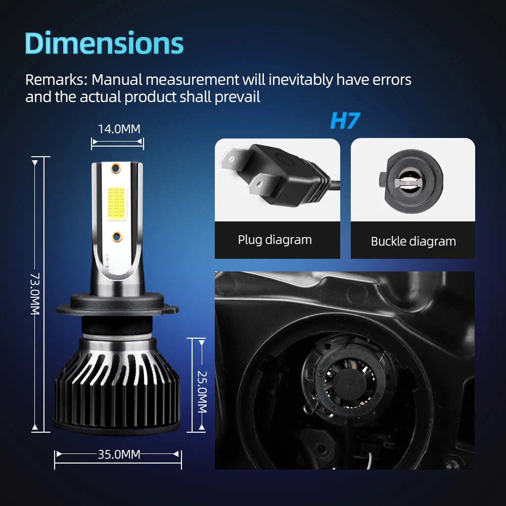 Diagrams and dimensions of an H7 car headlight bulb assembly, showing plug and buckle diagrams.