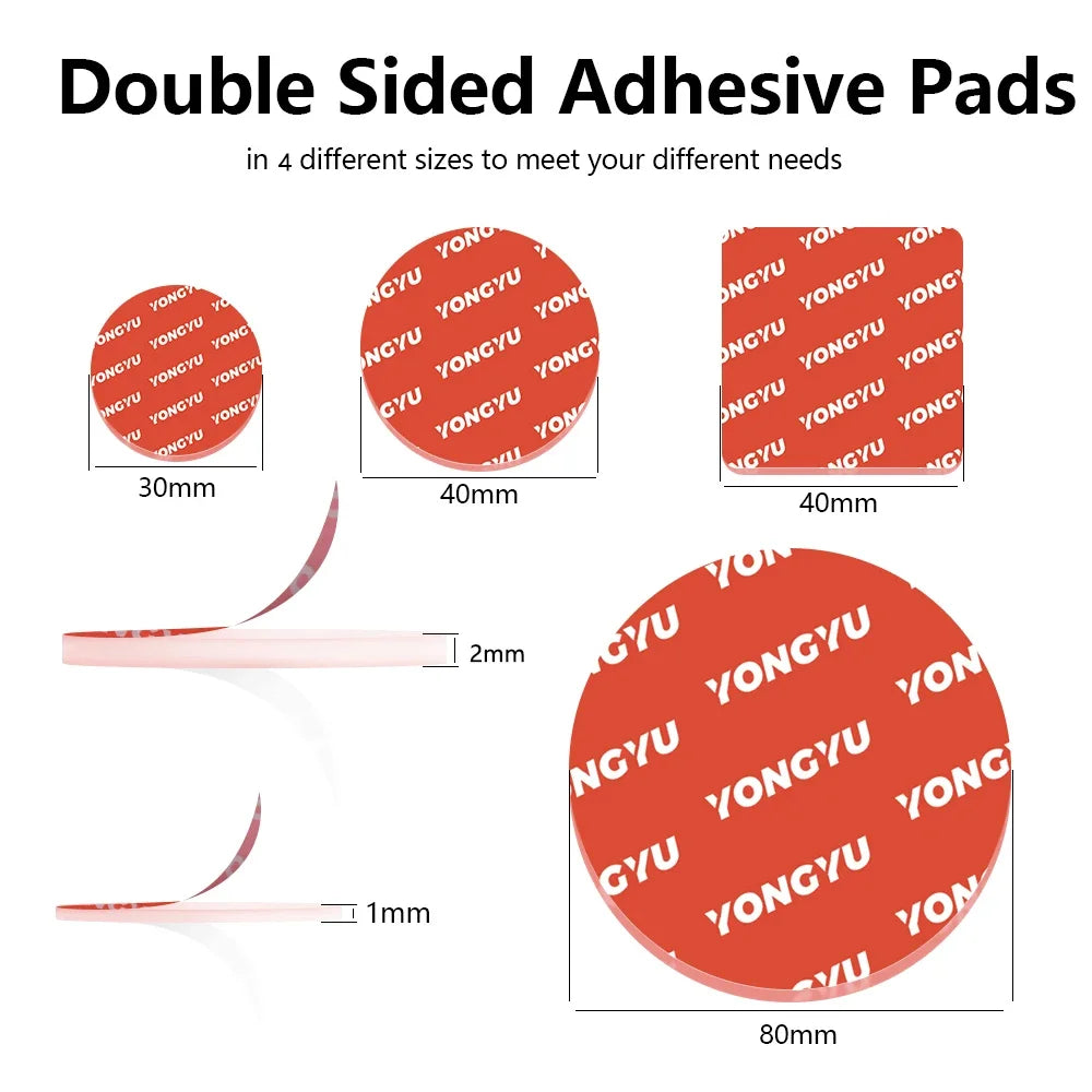 Double sided adhesive pads in four different sizes ranging from 30mm to 80mm