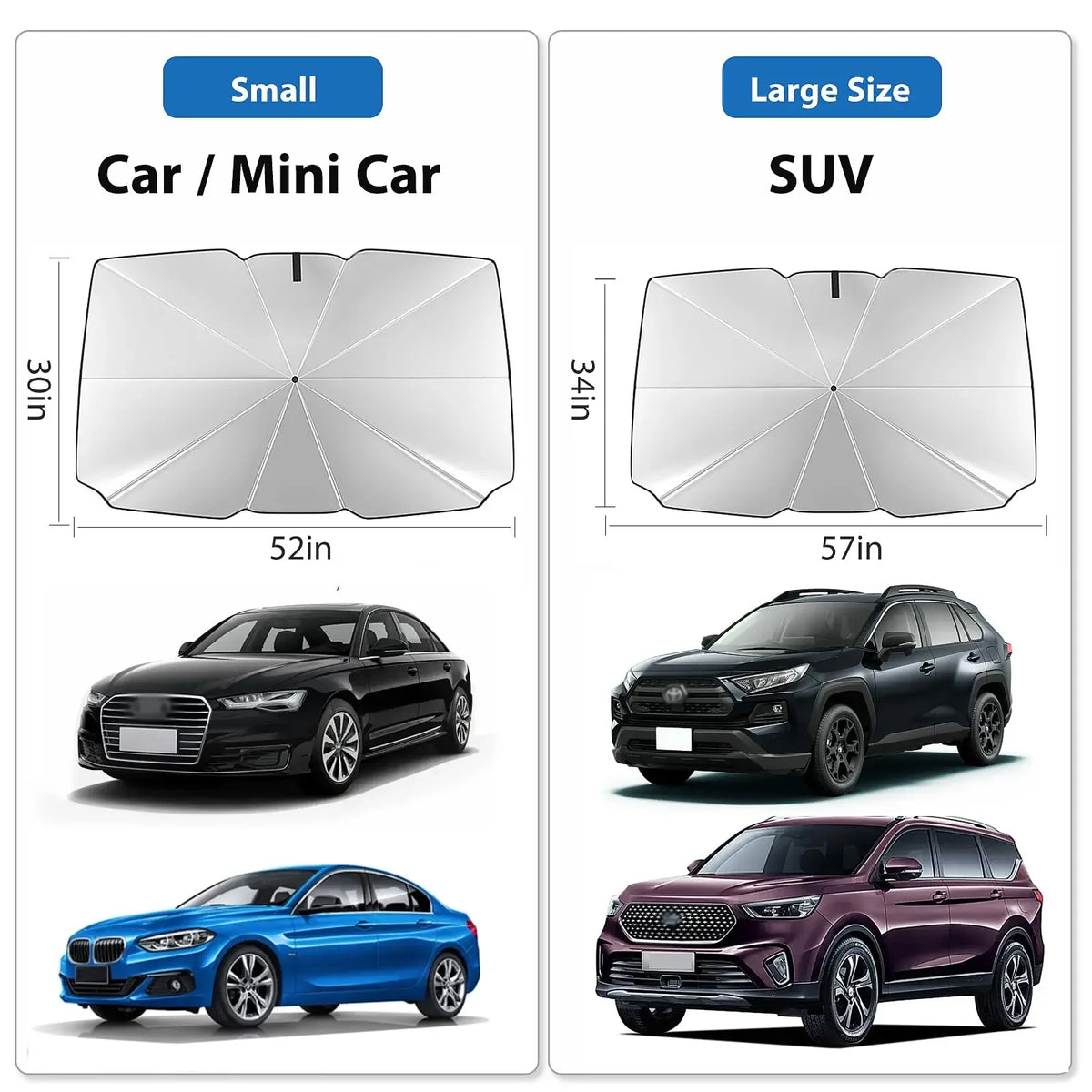 Comparison of small car and large SUV foldable windshield sunshades for UV protection.