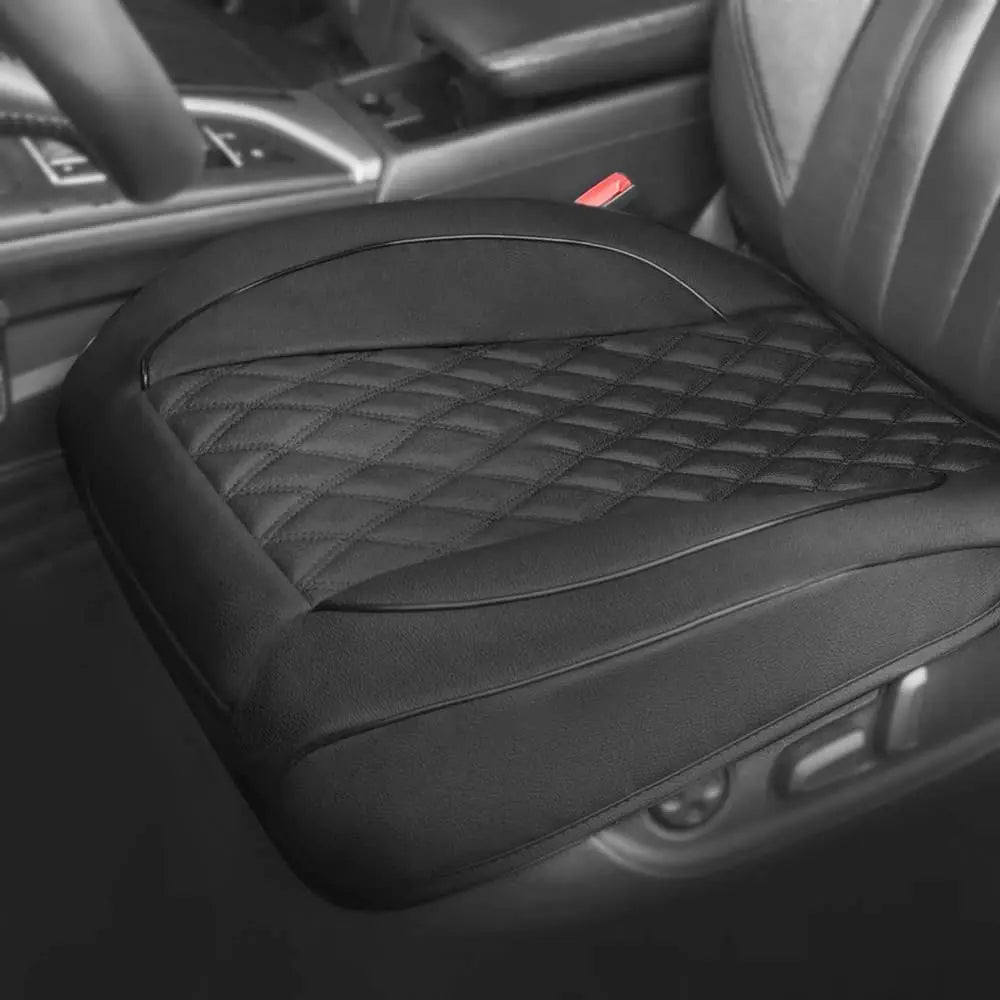 A black PU leather car seat cover protector for a driver's seat, showing the quilted texture.