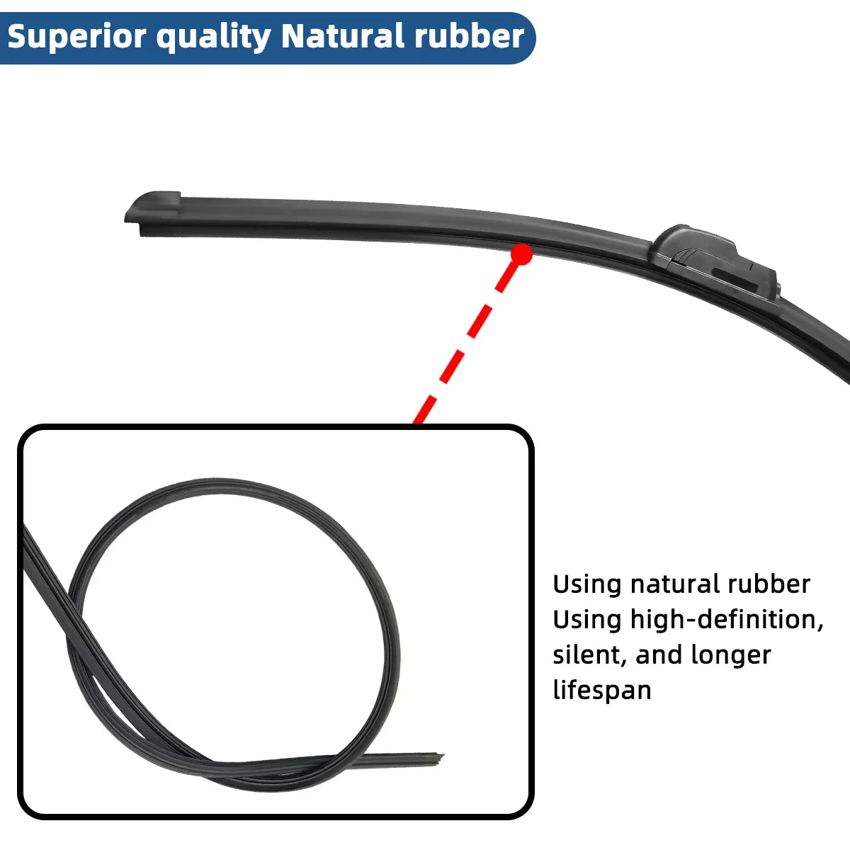 A close-up view of a black natural rubber J-hook windshield wiper blade.