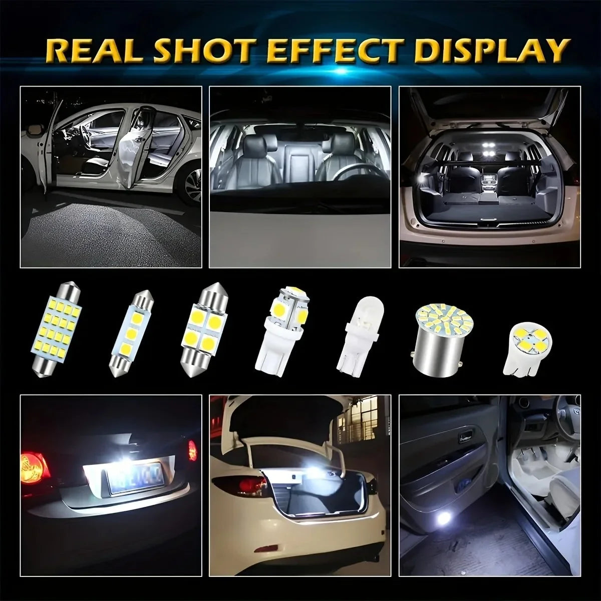 A display showing real shot effect of high-intensity LED car interior bulbs installed in various vehicle interiors.