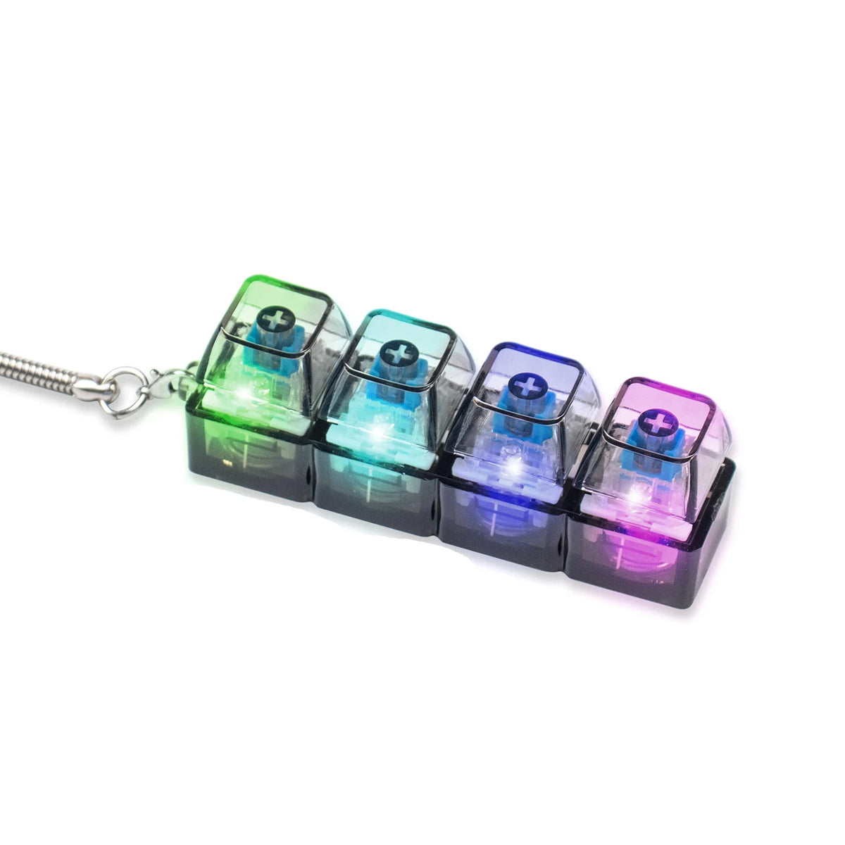 A set of five colorful LED keyboard keychains with a silver chain.