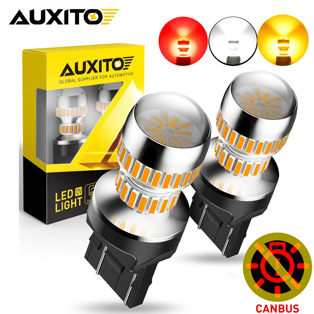 A set of AUXITO LED car bulbs for brake, tail, and reverse lights shown next to the packaging.