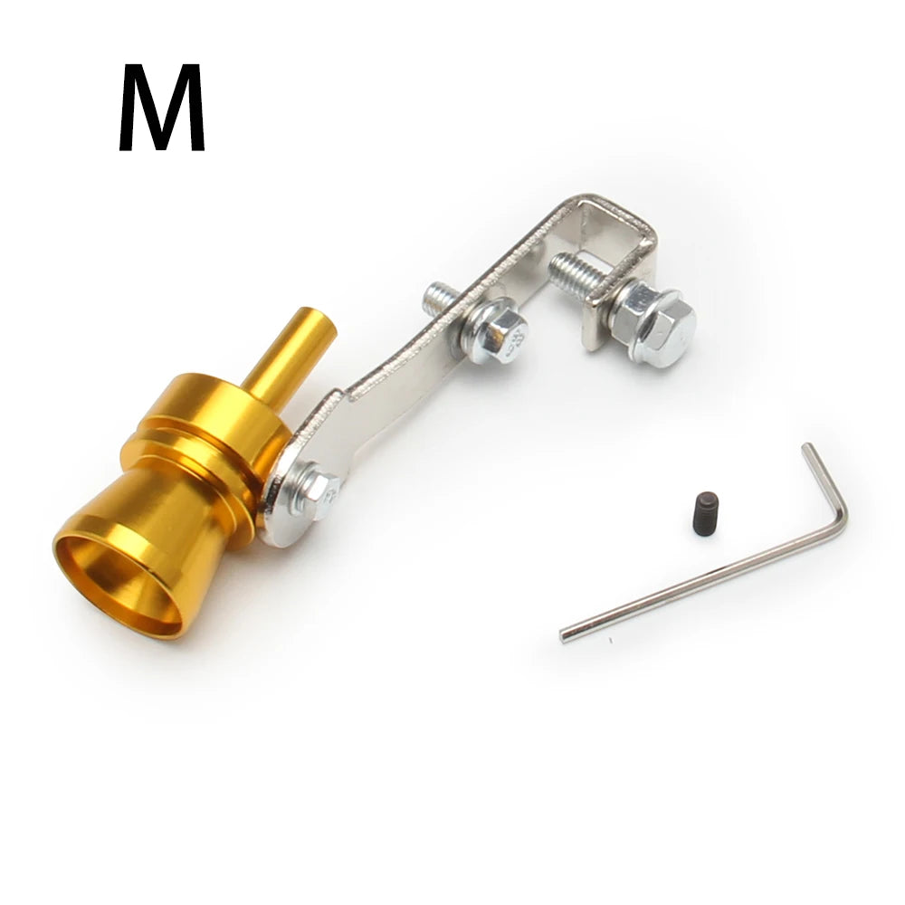 A brass universal turbo exhaust whistle with a metal mounting bracket and rod.