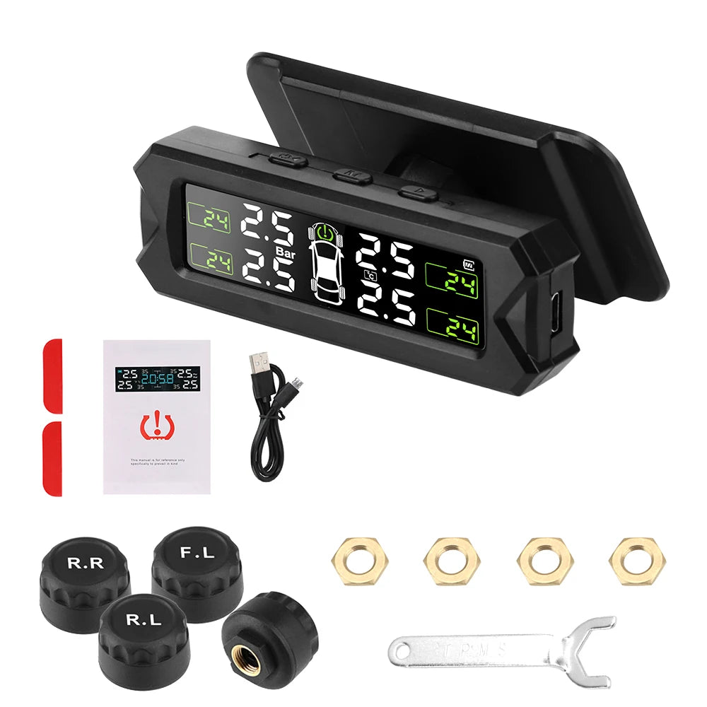 Black portable solar TPMS tire pressure monitoring system with mounting hardware and tools