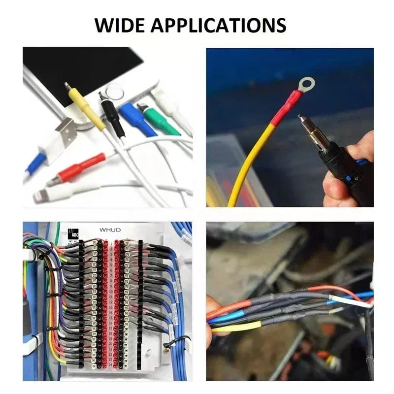 Eine Sammlung von Schrumpfisolationsrohren und Verkabelungskomponenten für elektrische Anwendungen.