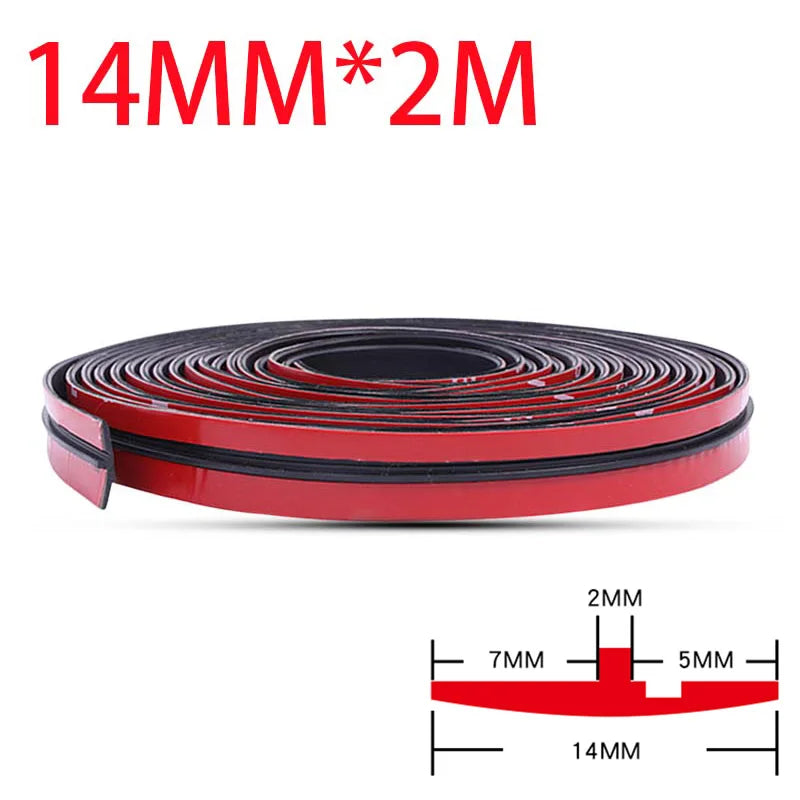 Red weather stripping roll with 14mm thickness and 2m length, showing cross-section dimensions.