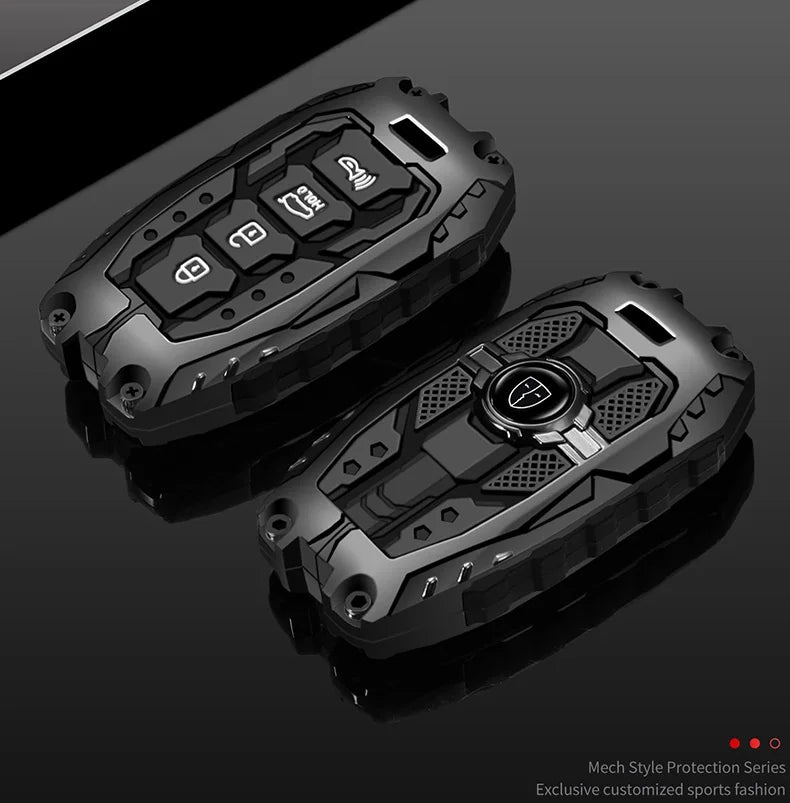A black universal car key fob cover for Hyundai and Kia models shown in a studio setting.