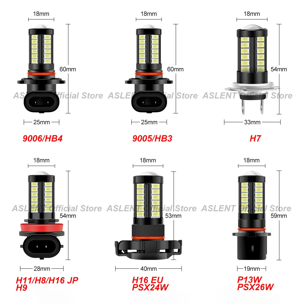 مجموعة مصابيح ضباب LED عالية الكثافة تشمل موديلات 9006/HB4، 9005/HB3، H7، H11/H8/H16 JP، H9، H16 EU، وP1