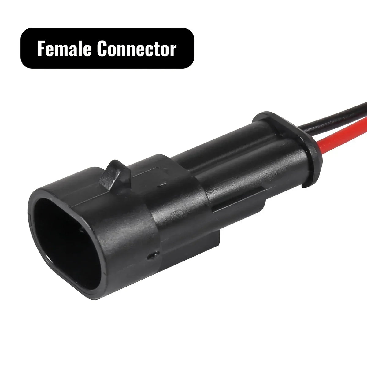A black female connector with a wire attached, used for automotive and marine applications.