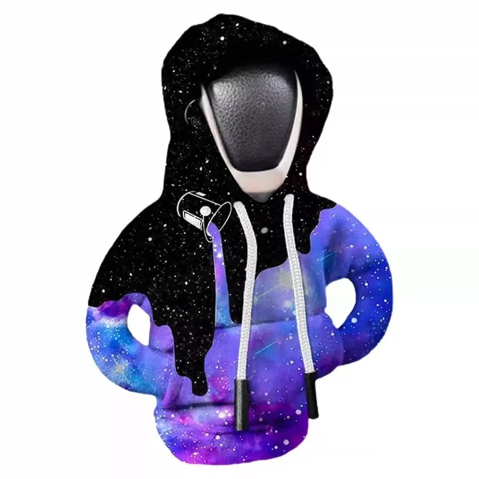 A dark hoodie with a starry pattern and a black shift cover attached, featuring purple and blue cosmic accents.