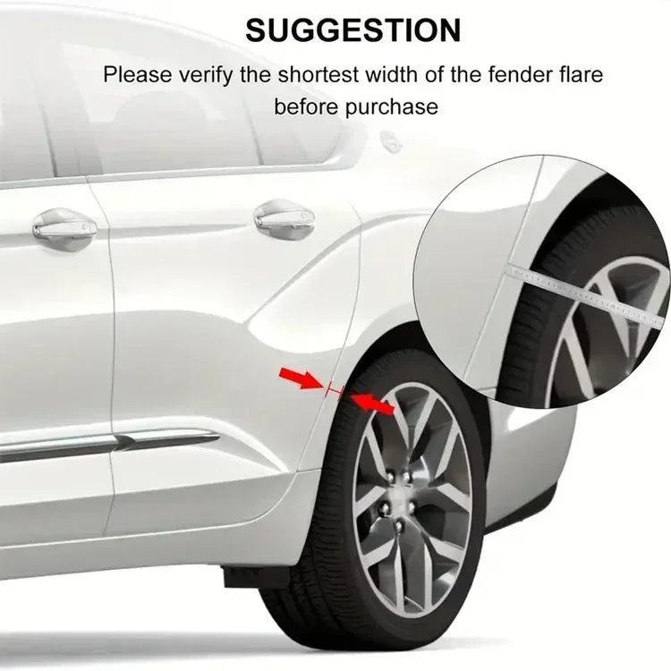 A close-up view of a white car fender with a carbon fiber trim piece being measured for fit.