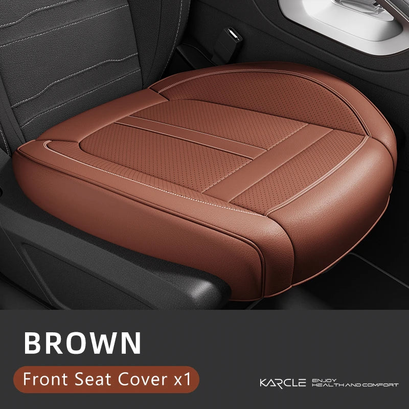 Brown front seat cover for a car seat, showing the leather texture and stitching.