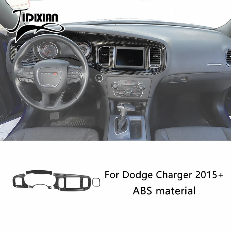 Carbon fiber interior decoration kit for Dodge Charger featuring a steering wheel and dashboard components.