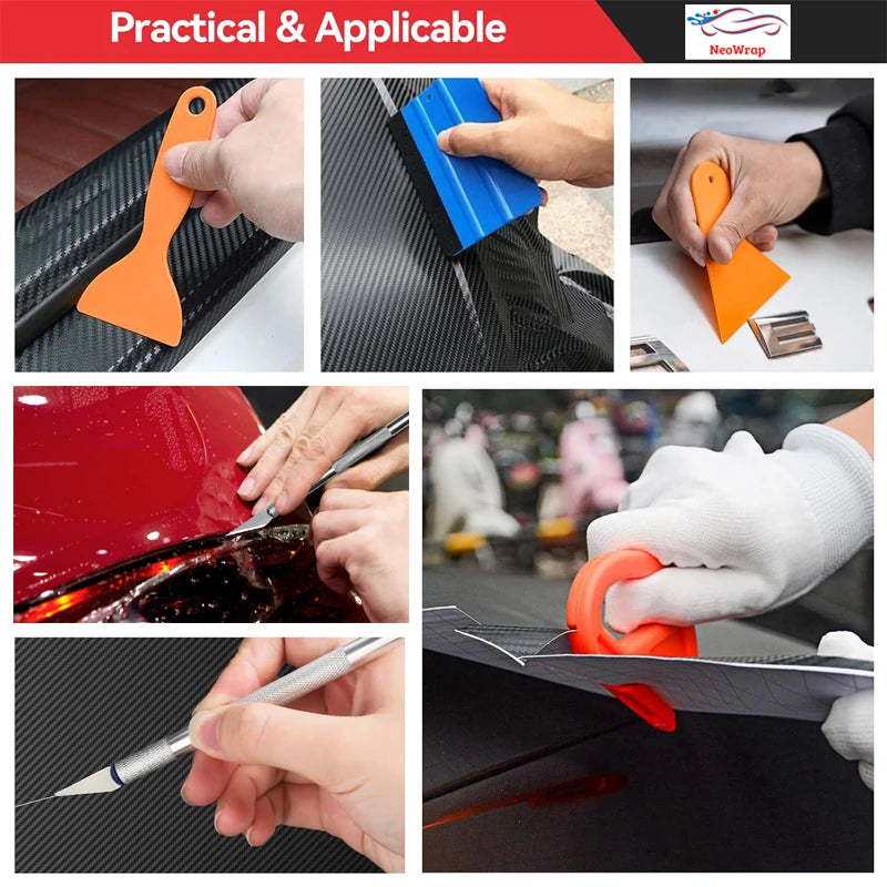 A set of orange vinyl wrapping tools and a precision knife being used on a car surface.