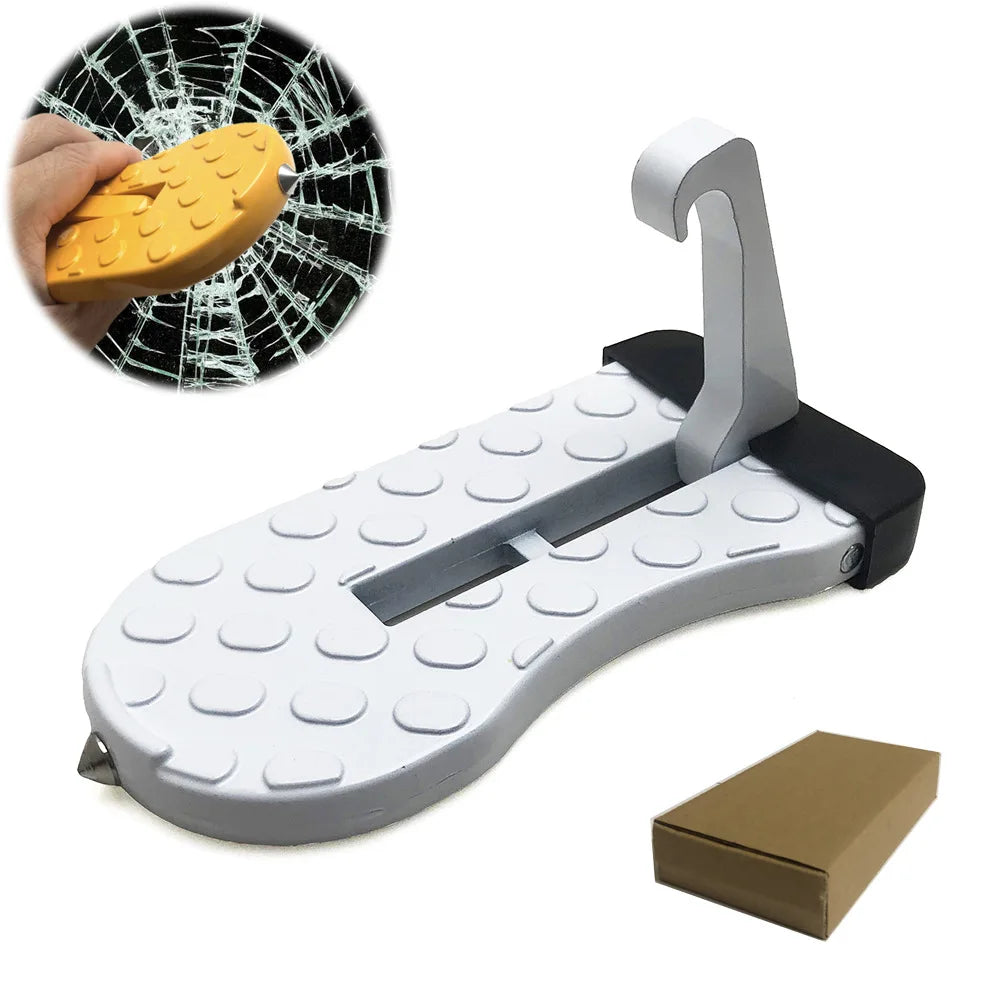 A heavy-duty vehicle roof access hook is shown with a mounting plate and an orange plastic hook.