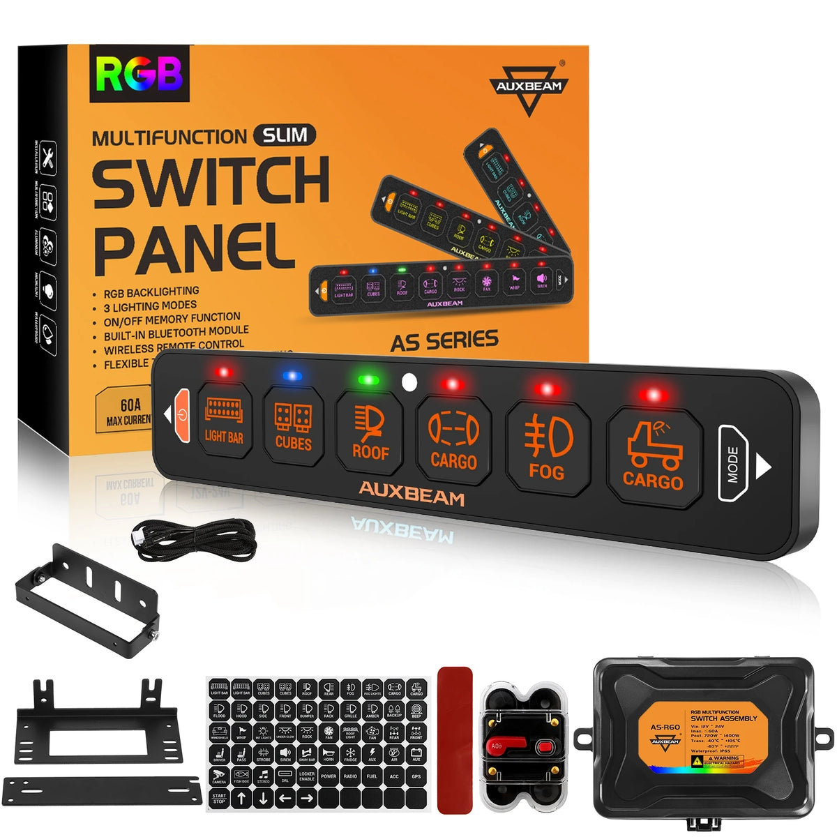 An RGB slim switch panel and associated components including a wireless remote for vehicle use.
