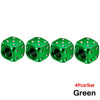 A set of four green aluminum dice valve caps for tires.