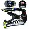 A black and neon yellow kids motorcycle off-road safety helmet shown from the front and side.