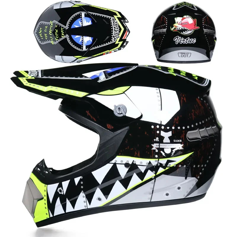 A black and neon yellow kids motorcycle off-road safety helmet shown from the front and side.