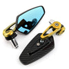 A pair of aluminum handlebar side motorcycle rearview mirrors, one clear and one tinted blue.