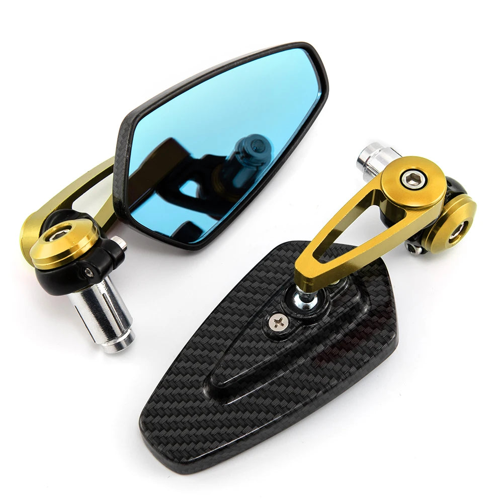 A pair of aluminum handlebar side motorcycle rearview mirrors, one clear and one tinted blue.