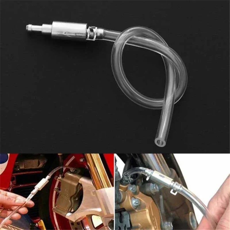A clear brake fluid bleeder hose kit with a metal fitting and flexible tubing shown in various contexts.
