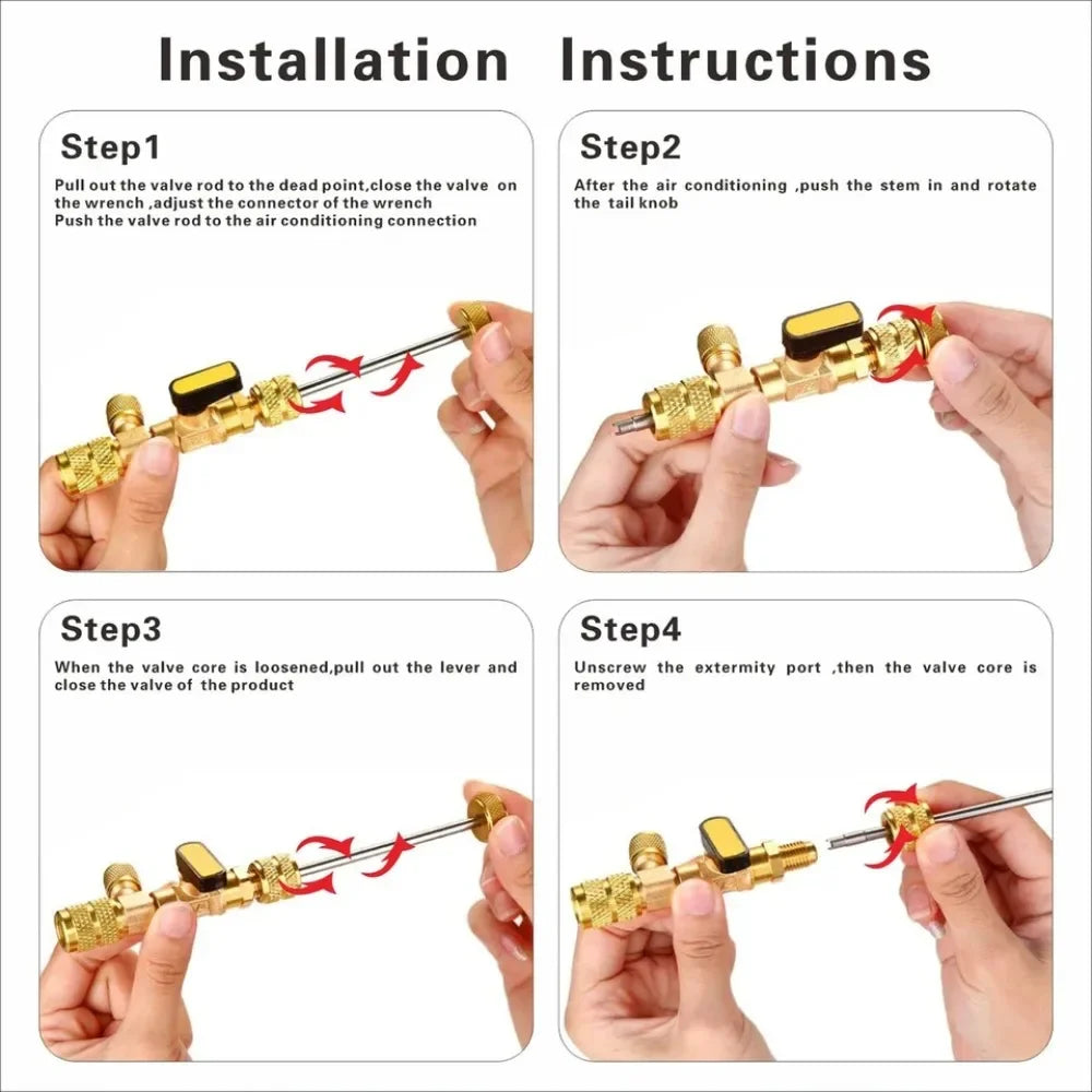 Instrucciones de instalación mostrando pasos para usar un kit de herramienta extractor de núcleo de válvula HVAC de doble tam