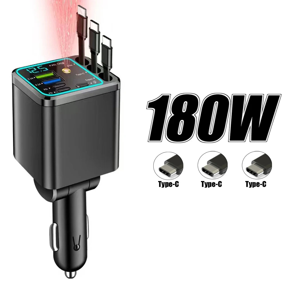 A black high-power car charger with multiple Type-C ports and an LED display, showing 180W output.